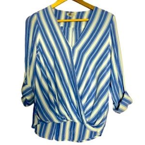 Kut from the Kloth Blue White Striped Surplice Faux Wrap Blouse Roll Tab